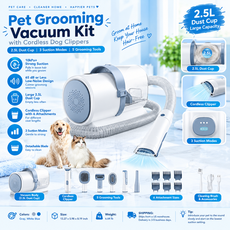 Pet Grooming Vacuum Kit with Cordless Dog Clippers – 2.5L Dust Cup, 3 Suction Modes, 5 Grooming Tools