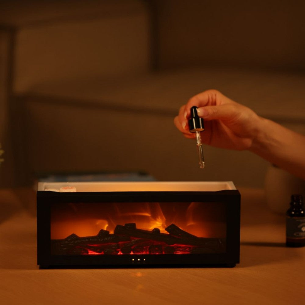 Flame effect aromatherapy diffuser with mist and ambient light
