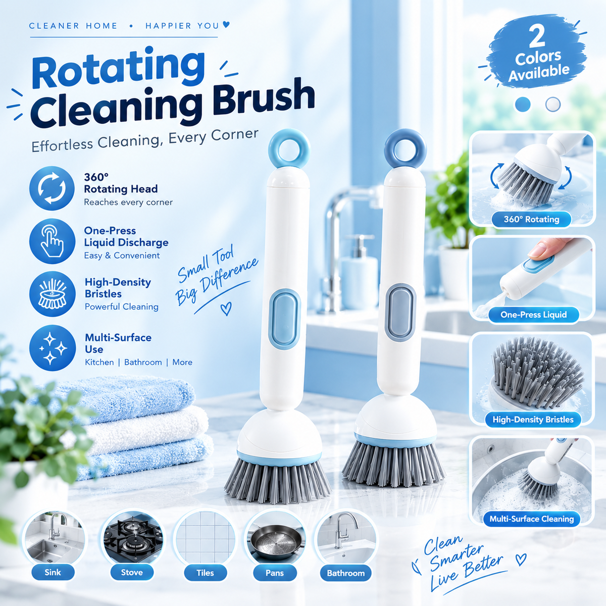Long Handle Liquid Adding Rotating Wok Brush Kitchen Special Multifunction Cleaning Brush