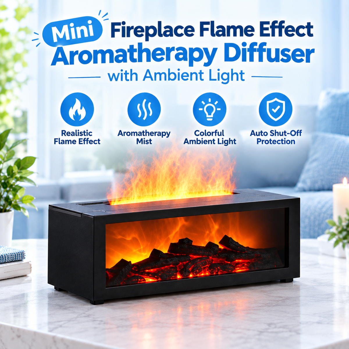 Mini fireplace flame effect aromatherapy diffuser with ambient light