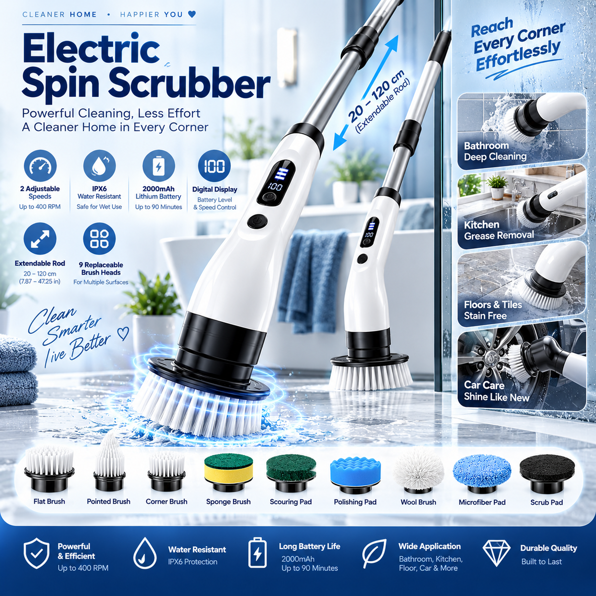Electric Spin Scrubber Cordless Rechargeable Telescopic Cleaning Brush 6 Replaceable Heads 2 Speed Adjustable Extension Arm Bathroom Tub Tile Floor