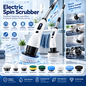 Electric Spin Scrubber Cordless Rechargeable Telescopic Cleaning Brush 6 Replaceable Heads 2 Speed Adjustable Extension Arm Bathroom Tub Tile Floor