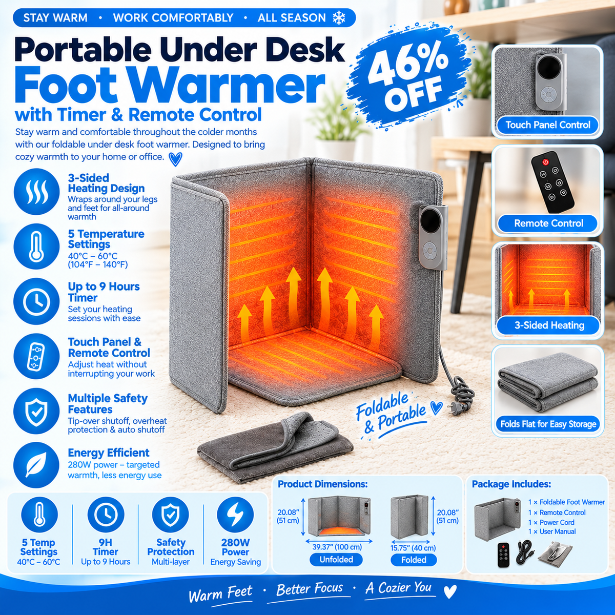 Portable Under Desk Foot Heater with Timer & Remote Control