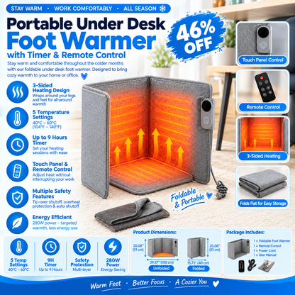Portable Under Desk Foot Heater with Timer & Remote Control