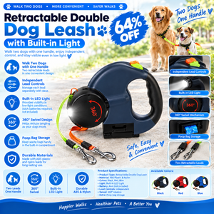 Retractable Double Dog Leash with Built-in Light