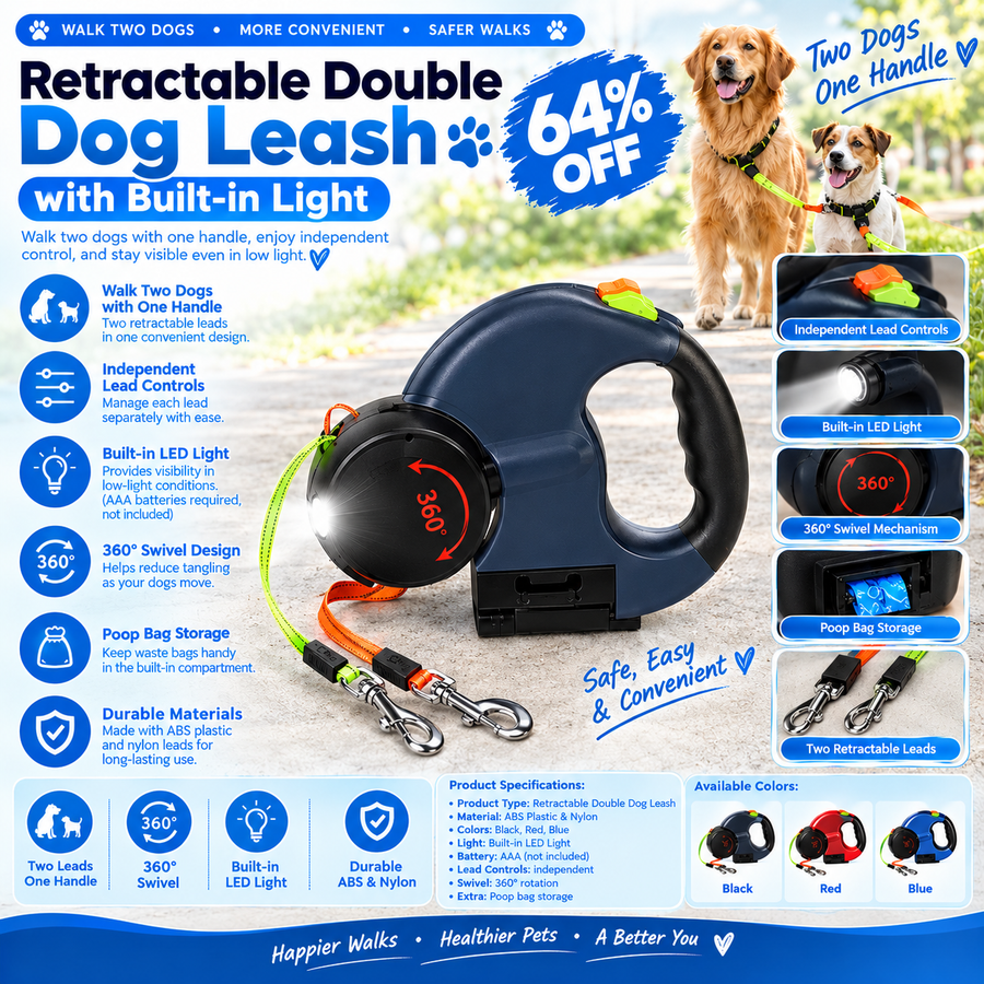 Retractable Double Dog Leash with Built-in Light