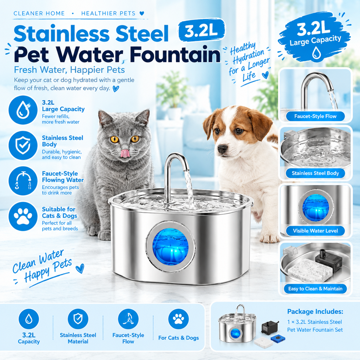 Stainless steel pet water fountain with faucet spout