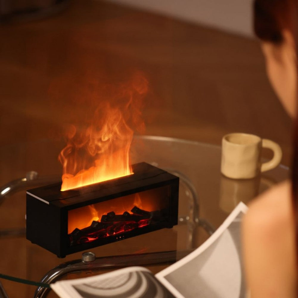 Mini fireplace style aromatherapy diffuser with flame effect